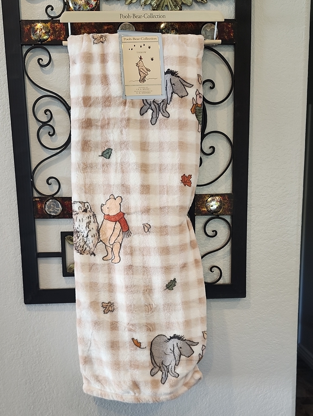 Pooh Bear Collection Cream Plaid with Winnie the Pooh Print Throw Blanket